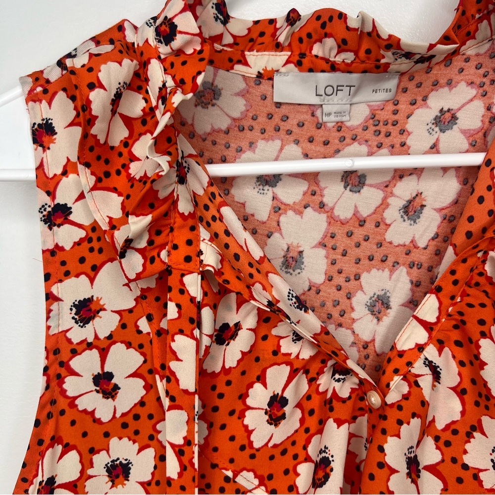 LOFT Floral Ruffle Blouse - Orange and White / Size Medium Petite - Picture 3 of 12